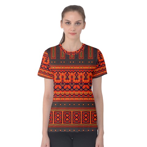 Boho Aztec Rust Orange Color Stripes Women s Cotton Tee by SpinnyChairDesigns