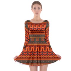 Boho Aztec Rust Orange Color Stripes Long Sleeve Skater Dress by SpinnyChairDesigns