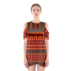 Boho Aztec Rust Orange Color Stripes Shoulder Cutout One Piece Dress by SpinnyChairDesigns