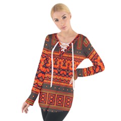 Boho Aztec Rust Orange Color Stripes Tie Up Tee by SpinnyChairDesigns