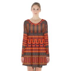 Boho Aztec Rust Orange Color Stripes Long Sleeve Velvet V-neck Dress by SpinnyChairDesigns