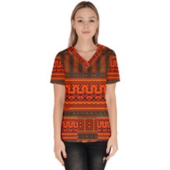 Boho Aztec Rust Orange Color Stripes Women s V-neck Scrub Top by SpinnyChairDesigns