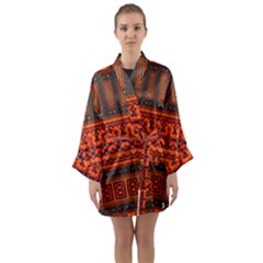 Boho Aztec Rust Orange Color Stripes Long Sleeve Satin Kimono by SpinnyChairDesigns