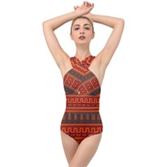 Boho Aztec Rust Orange Color Stripes Cross Front Low Back Swimsuit by SpinnyChairDesigns