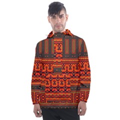 Boho Aztec Rust Orange Color Stripes Men s Front Pocket Pullover Windbreaker by SpinnyChairDesigns