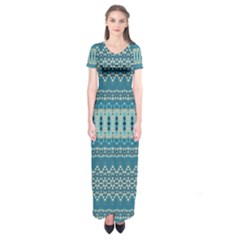 Boho Blue Teal Striped Short Sleeve Maxi Dress