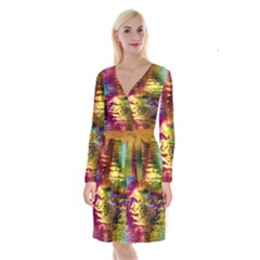 Electric Tie Dye Colors Long Sleeve Velvet Front Wrap Dress by SpinnyChairDesigns