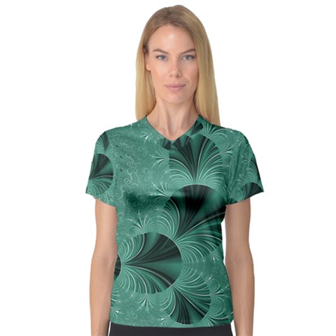 Biscay Green Black Spirals V-neck Sport Mesh Tee by SpinnyChairDesigns