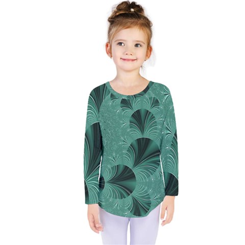 Biscay Green Black Spirals Kids  Long Sleeve Tee by SpinnyChairDesigns