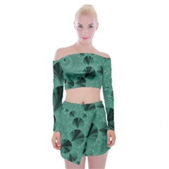 Biscay Green Black Spirals Off Shoulder Top With Mini Skirt Set by SpinnyChairDesigns