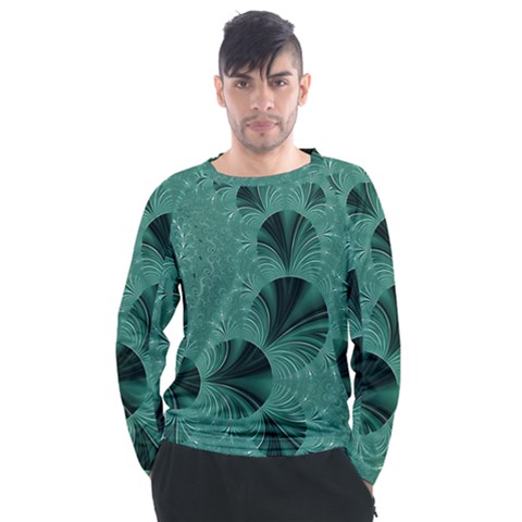 Biscay Green Black Spirals Men s Long Sleeve Raglan Tee by SpinnyChairDesigns