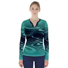 Biscay Green Black Swirls V-neck Long Sleeve Top by SpinnyChairDesigns