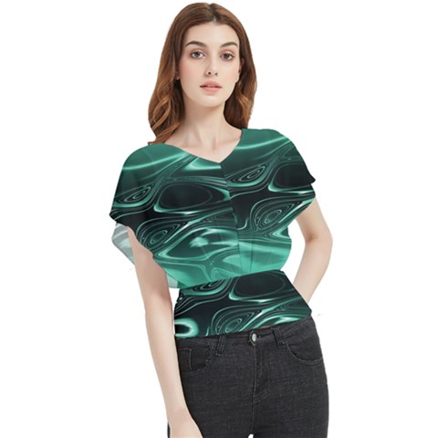 Biscay Green Black Swirls Butterfly Chiffon Blouse by SpinnyChairDesigns