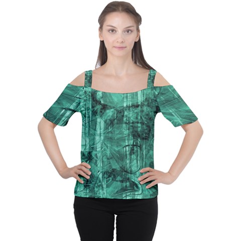 Biscay Green Black Textured Cutout Shoulder Tee by SpinnyChairDesigns