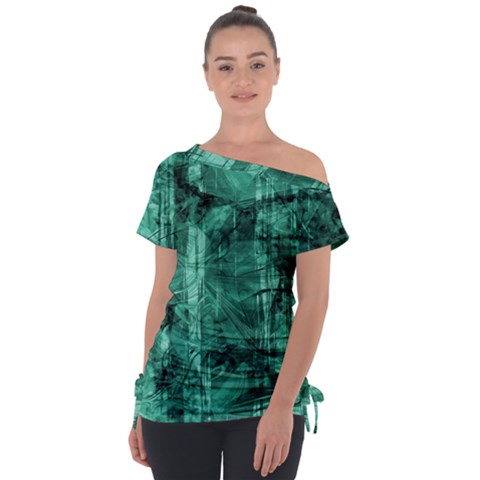 Biscay Green Black Textured Tie-up Tee by SpinnyChairDesigns