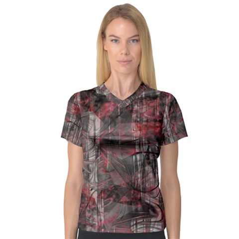 Red Black Abstract Texture V-neck Sport Mesh Tee by SpinnyChairDesigns