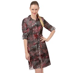 Red Black Abstract Texture Long Sleeve Mini Shirt Dress by SpinnyChairDesigns
