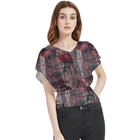 Red Black Abstract Texture Butterfly Chiffon Blouse by SpinnyChairDesigns