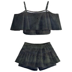 Army Green Grunge Texture Kids  Off Shoulder Skirt Bikini by SpinnyChairDesigns
