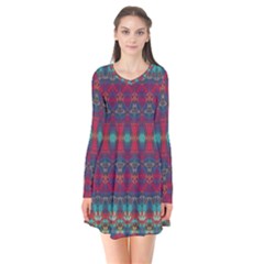 Boho Red Teal Pattern Long Sleeve V-neck Flare Dress by SpinnyChairDesigns