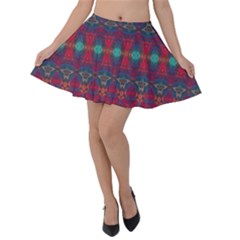 Boho Red Teal Pattern Velvet Skater Skirt by SpinnyChairDesigns