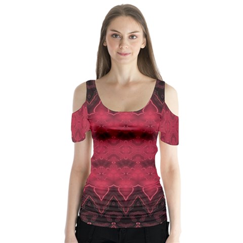 Boho Red Black Pattern Butterfly Sleeve Cutout Tee  by SpinnyChairDesigns