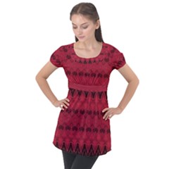 Boho Red Black Pattern Puff Sleeve Tunic Top by SpinnyChairDesigns