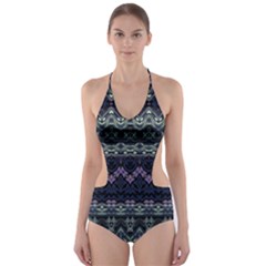 Boho Navy Teal Violet Stripes Cut-out One Piece Swimsuit by SpinnyChairDesigns