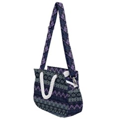 Boho Navy Teal Violet Stripes Rope Handles Shoulder Strap Bag by SpinnyChairDesigns