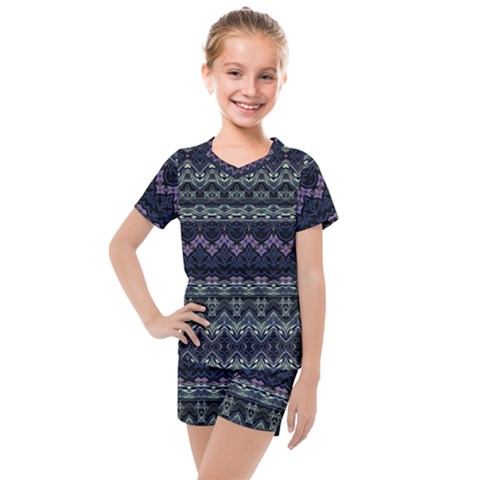 Boho Navy Teal Violet Stripes Kids  Mesh Tee And Shorts Set by SpinnyChairDesigns