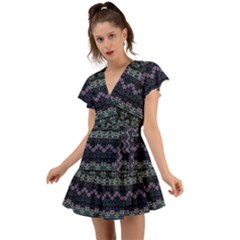 Boho Navy Teal Violet Stripes Flutter Sleeve Wrap Dress by SpinnyChairDesigns