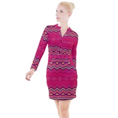 Boho Aztec Stripes Rose Pink Button Long Sleeve Dress by SpinnyChairDesigns