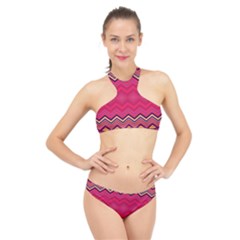Boho Aztec Stripes Rose Pink High Neck Bikini Set by SpinnyChairDesigns