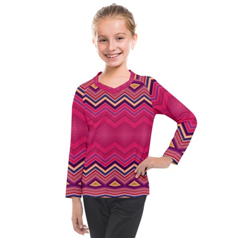 Boho Aztec Stripes Rose Pink Kids  Long Mesh Tee by SpinnyChairDesigns