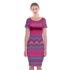 Magenta Blue Stripes Classic Short Sleeve Midi Dress by SpinnyChairDesigns