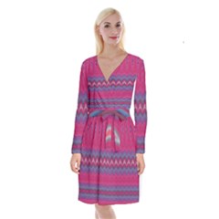 Magenta Blue Stripes Long Sleeve Velvet Front Wrap Dress by SpinnyChairDesigns