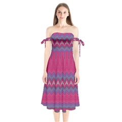 Magenta Blue Stripes Shoulder Tie Bardot Midi Dress by SpinnyChairDesigns