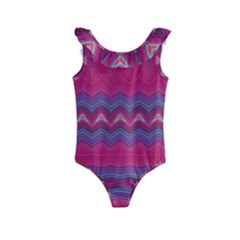 Magenta Blue Stripes Kids  Frill Swimsuit by SpinnyChairDesigns