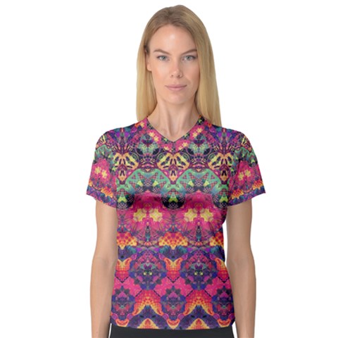 Boho Colorful Pattern V-neck Sport Mesh Tee by SpinnyChairDesigns