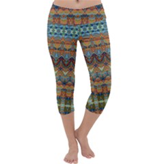 Boho Earth Colors Pattern Capri Yoga Leggings by SpinnyChairDesigns