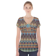 Boho Earth Colors Pattern Short Sleeve Front Detail Top by SpinnyChairDesigns