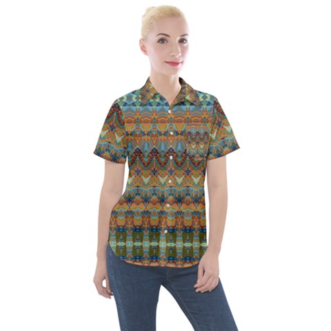 Boho Earth Colors Pattern Women s Short Sleeve Pocket Shirt by SpinnyChairDesigns