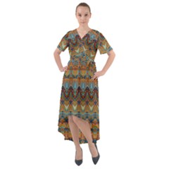 Boho Earth Colors Pattern Front Wrap High Low Dress by SpinnyChairDesigns