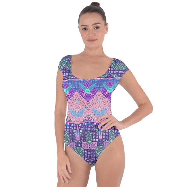 Boho Patchwork Violet Pink Green Short Sleeve Leotard 