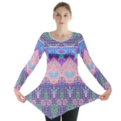 Boho Patchwork Violet Pink Green Long Sleeve Tunic  by SpinnyChairDesigns