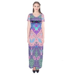 Boho Patchwork Violet Pink Green Short Sleeve Maxi Dress by SpinnyChairDesigns