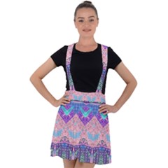 Boho Patchwork Violet Pink Green Velvet Suspender Skater Skirt