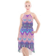 Boho Patchwork Violet Pink Green High-low Halter Chiffon Dress  by SpinnyChairDesigns