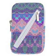 Boho Patchwork Violet Pink Green Belt Pouch Bag (large) by SpinnyChairDesigns