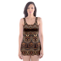 Boho Brown Gold Skater Dress Swimsuit by SpinnyChairDesigns